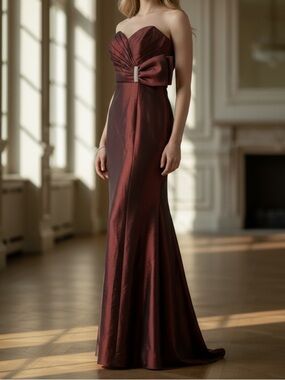 Burgundy Satin Strapless Rhinestone Detail Maxi Formal Bridesmaid Prom Dress XS